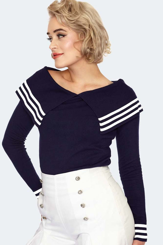 Voodoo Vixen Nautical Navy Blue Stripe Collar Jumper
