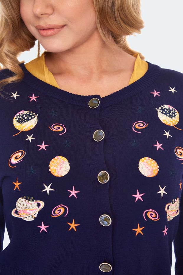 Voodoo Vixen Space Chic Embroidered Navy Blue Cardigan