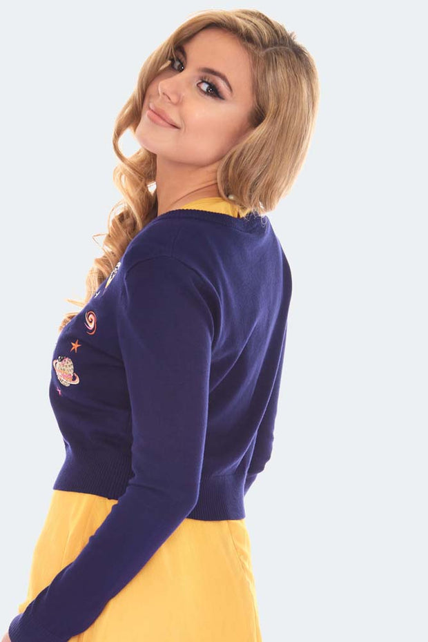 Voodoo Vixen Space Chic Embroidered Navy Blue Cardigan