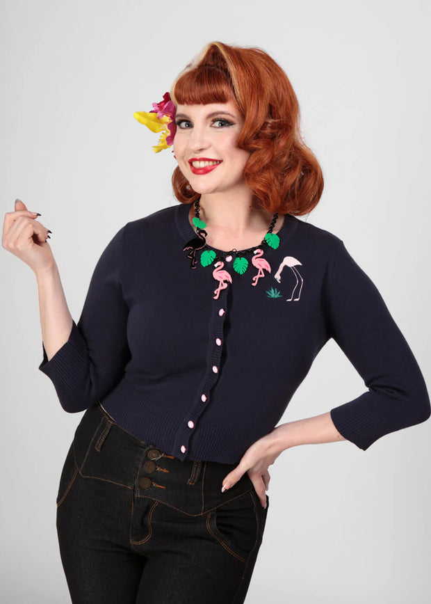 Collectif Lucy 50s Navy Blue Flamingo Palm Cardigan