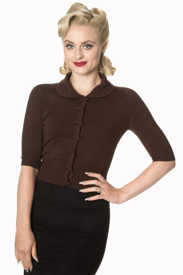 Banned Retro 40s 50s April Bow Brown Short Sleeve Cardigan