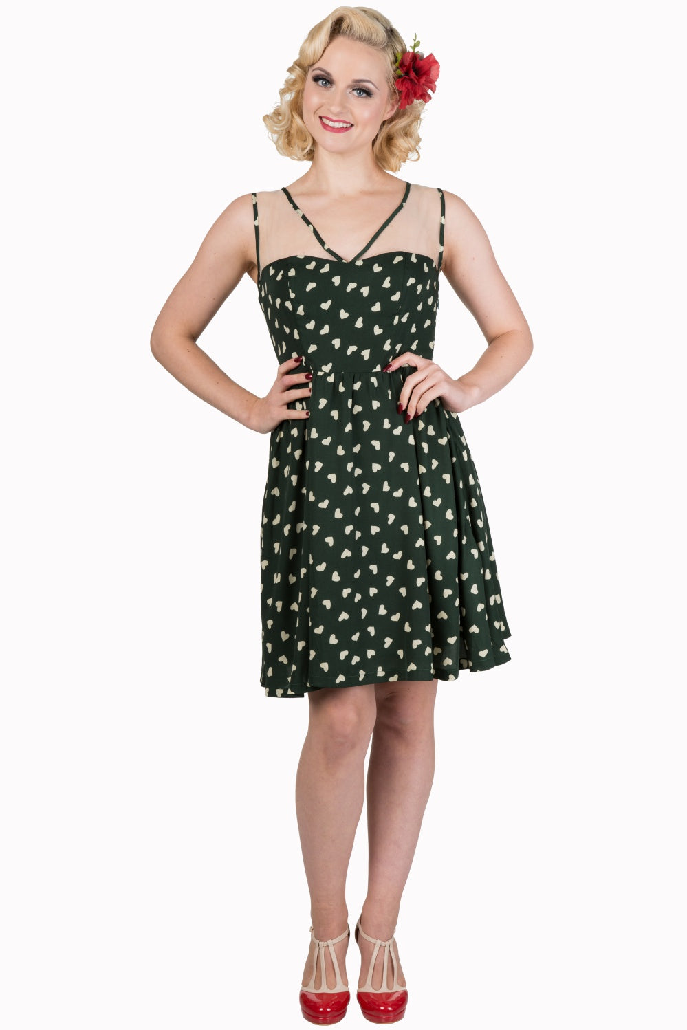 Banned Retro 50s Style Green Heart Print Mini Dress – Cherry Red Vintage