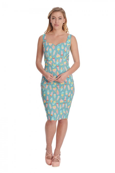 Banned Retro Ice Cream Print Blue Pencil Dress Cherry Red Vintage Banned Retro Ice Cream Print Blue Pencil Dress Cherry Red Vintage