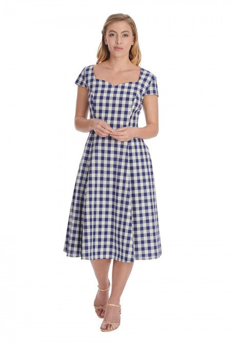 Banned Retro Row Boat Date 50s Style Navy Blue Check Gingham Dress