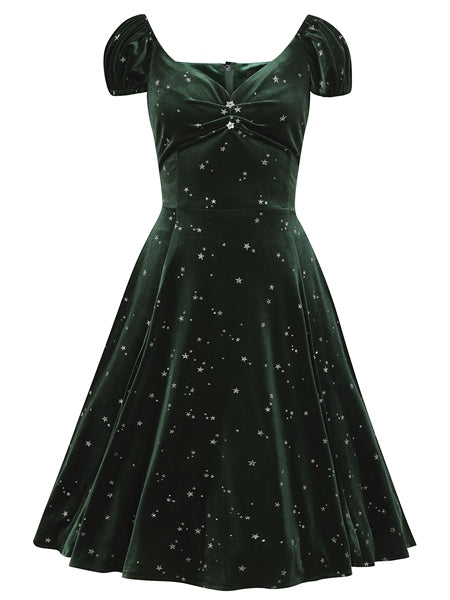 Collectif Dolores 50s Glitter Star Green Velvet Doll Dress