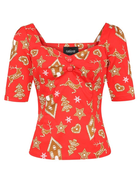 Collectif Dolores 50s Red & Gold Christmas Gingerbread Cookies Top