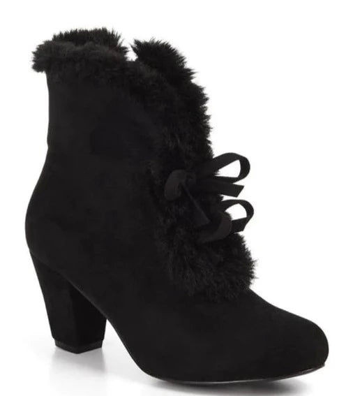 Collectif Lulu Hun 40s Style Tatiana Black Faux Fur Ankle Boots