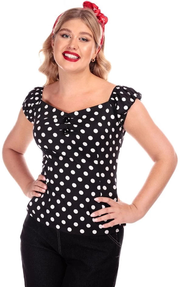 Collectif Dolores 50s Style Black and White Polka Dot Gypsy Top - Cherry Red Vintage