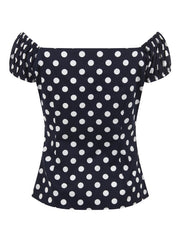 Collectif Dolores 50s Navy Blue and White Polka Dot Gypsy Top - Cherry Red Vintage