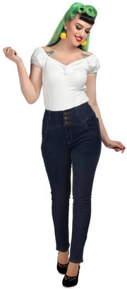 Collectif Rebel Kate Skinny 50s High Waisted Navy Blue Denim Jeans - Cherry Red Vintage