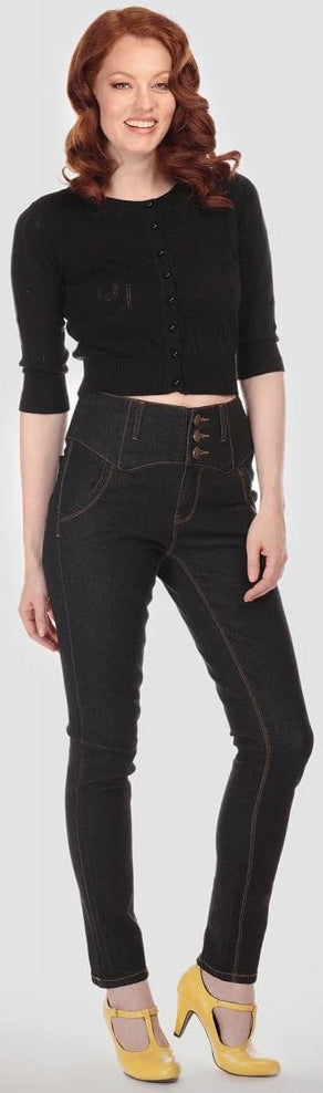 Collectif Rebel Kate Skinny 50s Style High Waisted Black Denim Jeans - Cherry Red Vintage
