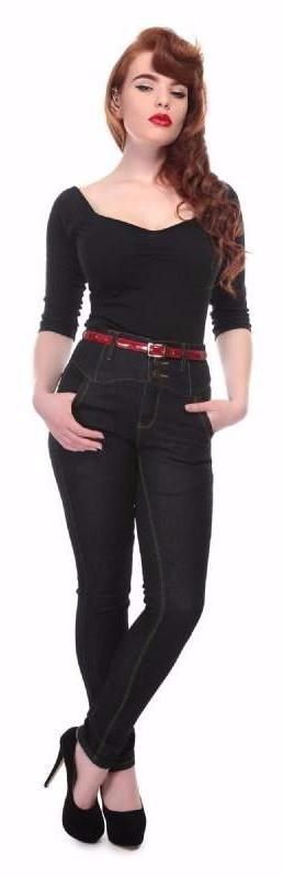 Collectif Rebel Kate Skinny 50s Style High Waisted Black Denim Jeans - Cherry Red Vintage