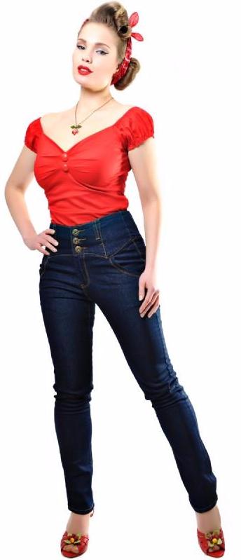 Collectif Rebel Kate Skinny 50s High Waisted Navy Blue Denim Jeans - Cherry Red Vintage
