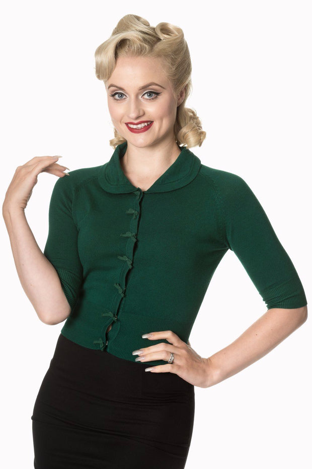 Dancing Days 40s 50s April Bow Dark Green Short Sleeve Cardigan - Cherry Red Vintage