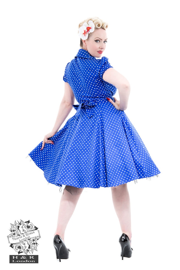 Hearts & Roses 40s Style Royal Blue Polka Dot Tea Dress