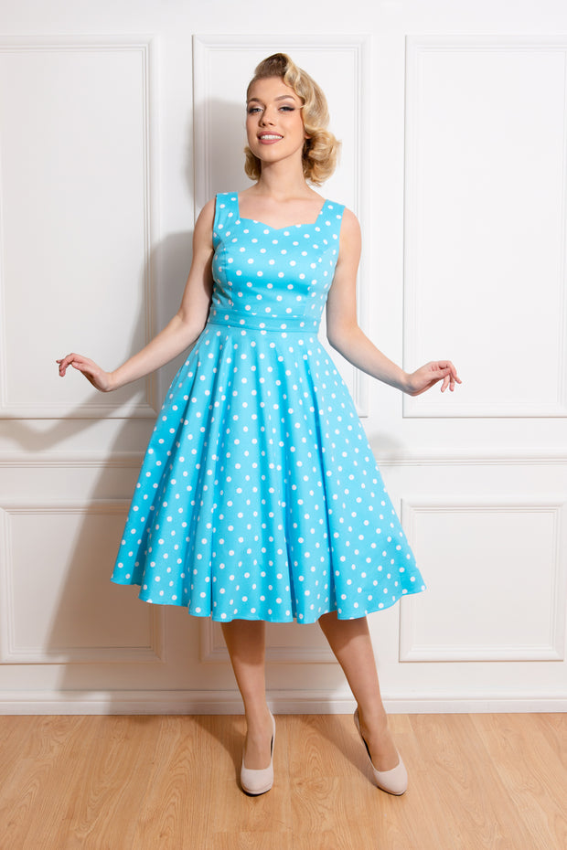 Hearts & Roses 50s Style Ruth Blue Polka Dot Swing Dress