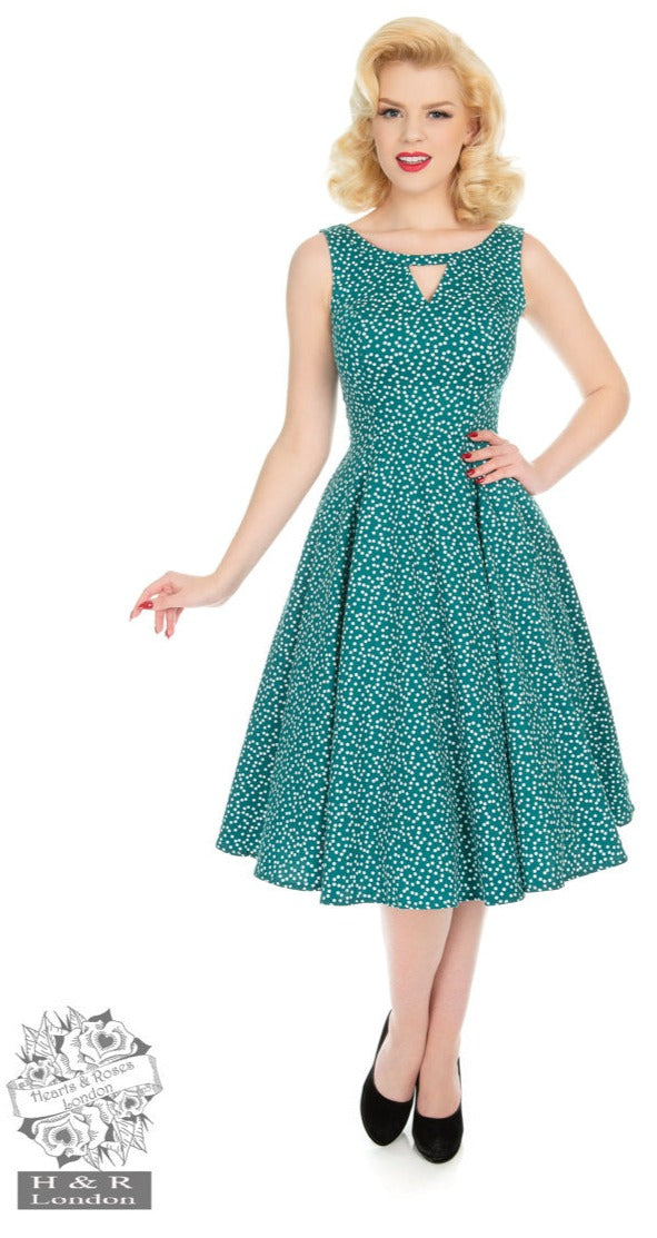 Hearts & Roses La Rosa Dotty Aqua Green Polka Dot Swing Dress Cherry Red Vintage Hearts & Roses La Rosa Dotty Aqua Green Polka Dot Swing Dress Cherry Red Vintage