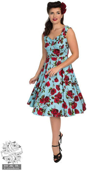 Hearts & Roses 50s Ditsy Red Rose Blue Floral Stretch Cotton Dress - Cherry Red Vintage
