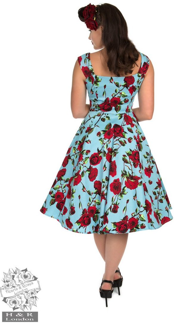 Hearts & Roses 50s Ditsy Red Rose Blue Floral Stretch Cotton Dress Cherry Red Vintage Hearts & Roses 50s Ditsy Red Rose Blue Floral Stretch Cotton Dress Cherry Red Vintage