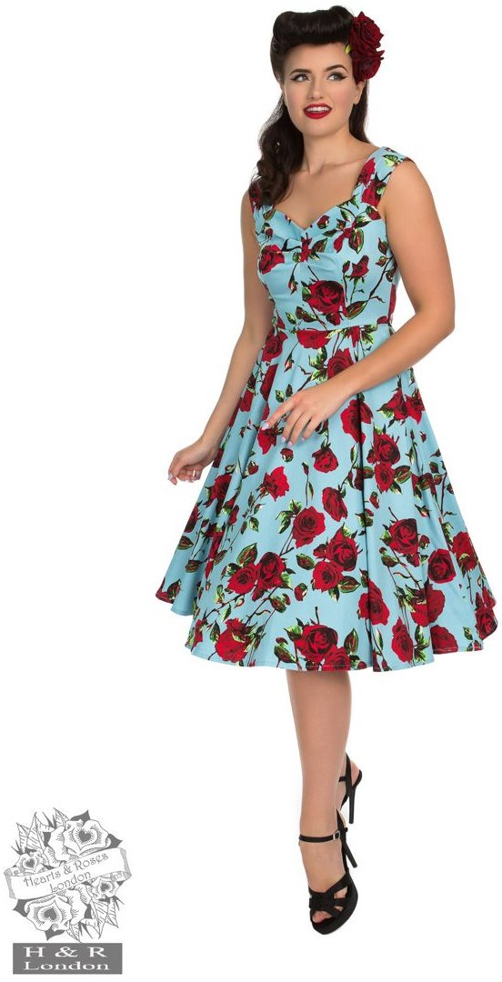 Hearts & Roses 50s Ditsy Red Rose Blue Floral Stretch Cotton Dress Cherry Red Vintage Hearts & Roses 50s Ditsy Red Rose Blue Floral Stretch Cotton Dress Cherry Red Vintage