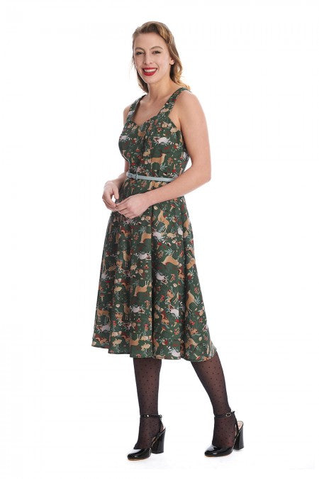 Banned Retro Woodland Creatures Green Swing Dress
