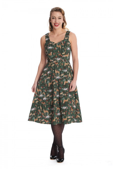 Banned Retro Woodland Creatures Green Swing Dress